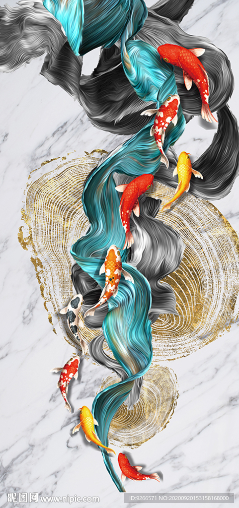 九鱼图年轮抽象玄关装饰画