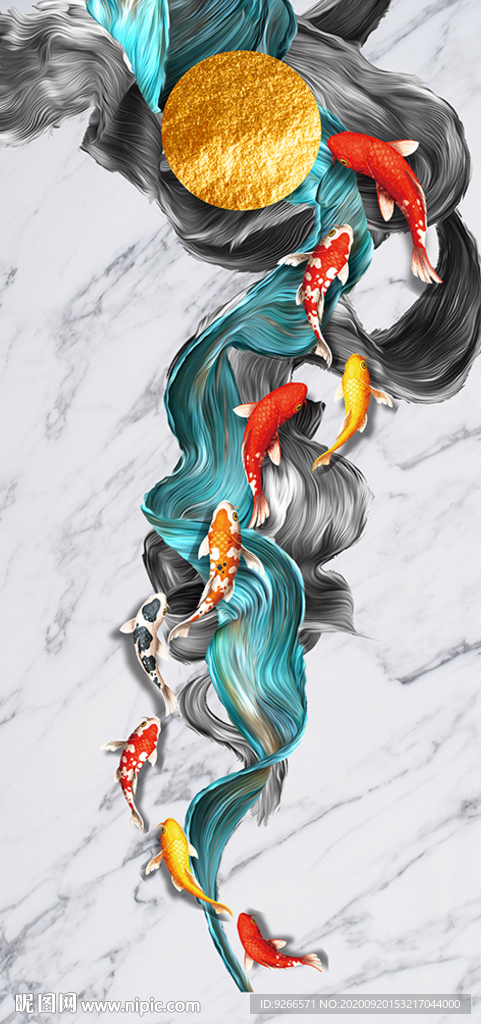 九鱼图年轮抽象玄关装饰画