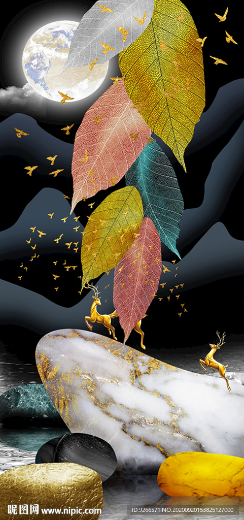 石来运转麋鹿抽象玄关装饰画