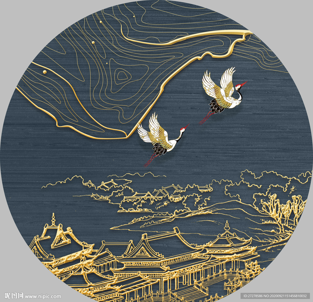 国潮新中式线描仙鹤宫殿装饰画