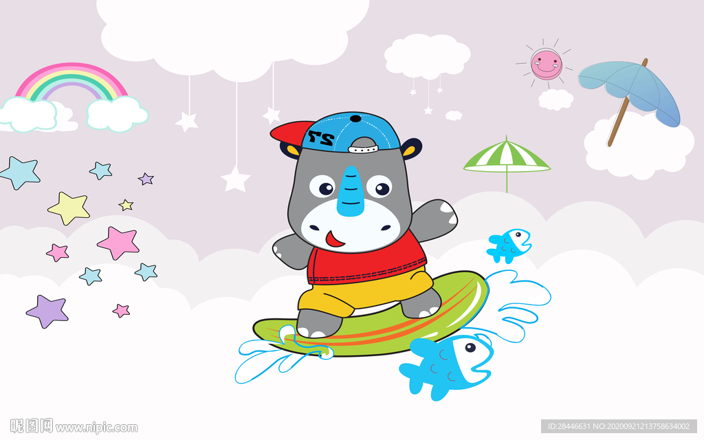 北欧手绘卡通儿童房背景墙
