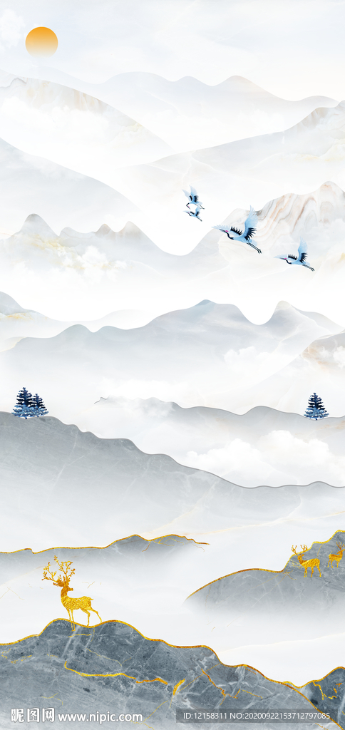 玄关旭日东升 玄关新中式 麋鹿