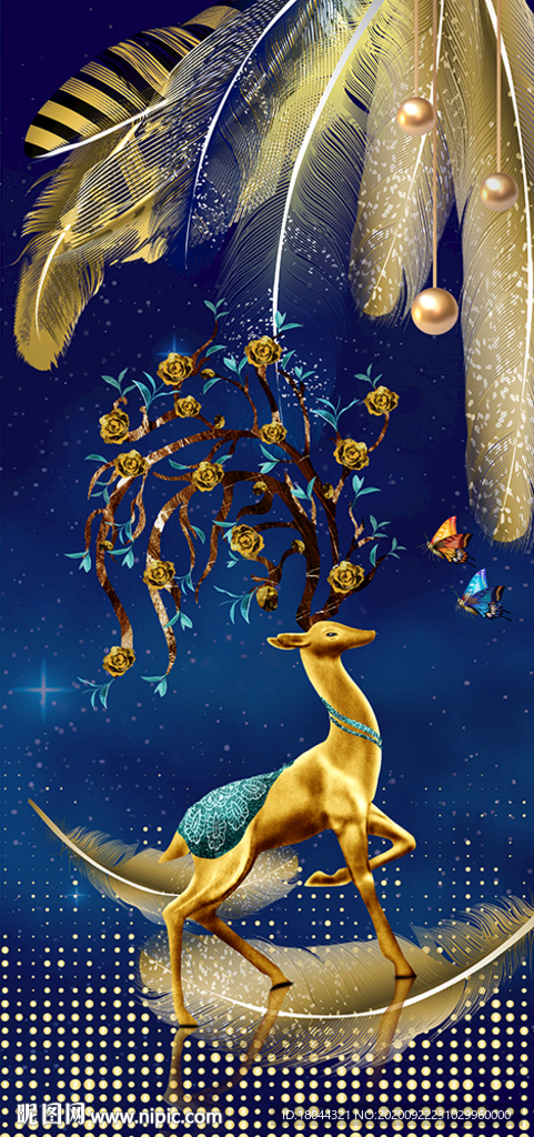 现代简约金色麋鹿羽毛装饰画玄关