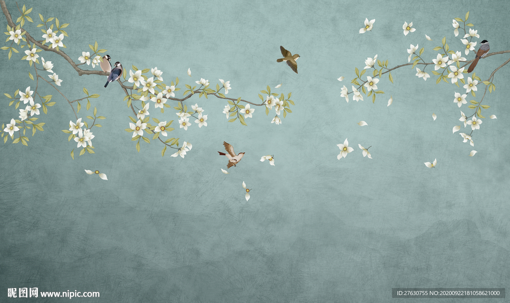 工笔花鸟电视背景墙