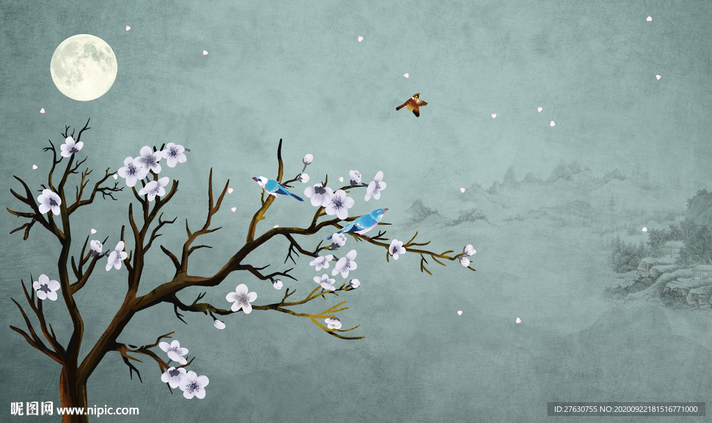 花鸟工笔电视背景墙