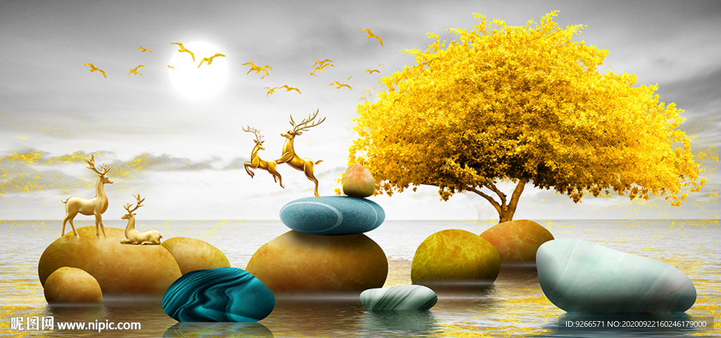 石来运转麋鹿抽象晶瓷画装饰画