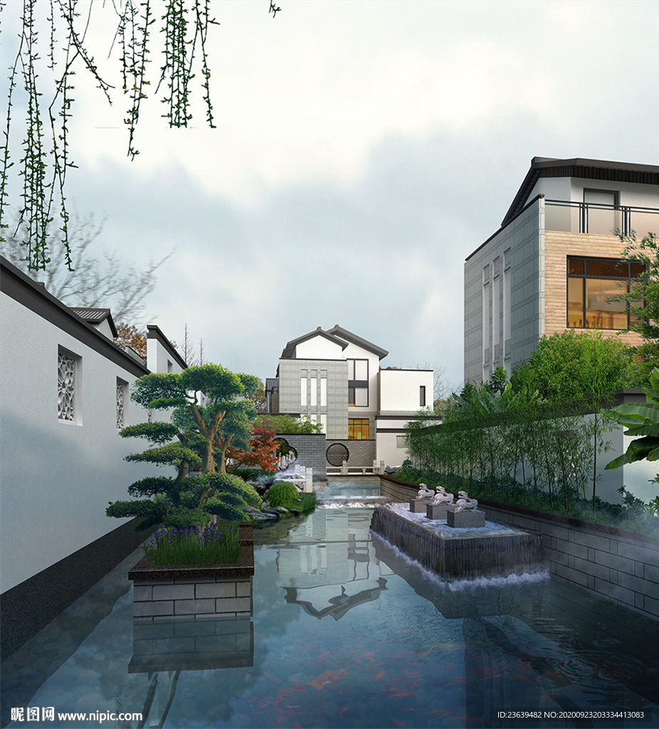 新中式住宅区 叠水池景观效果图