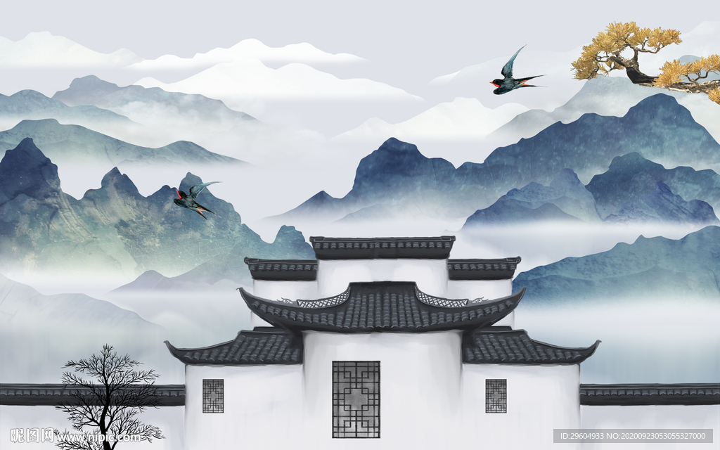 徽派 山水中式背景 tif分层