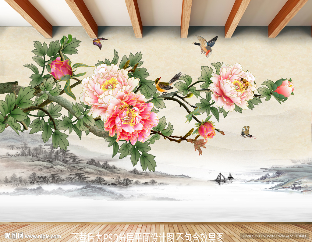 原创手绘牡丹花鸟装饰画背景墙