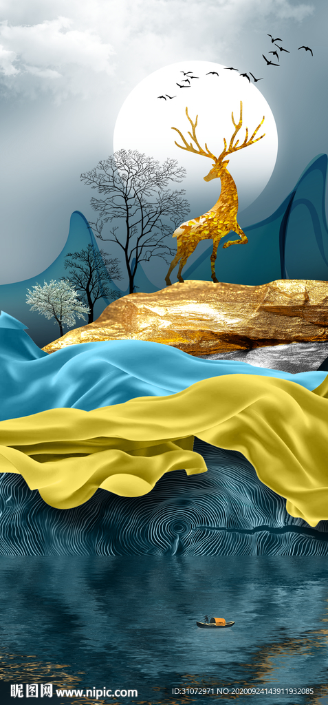 新中式麋鹿装饰画抽象画