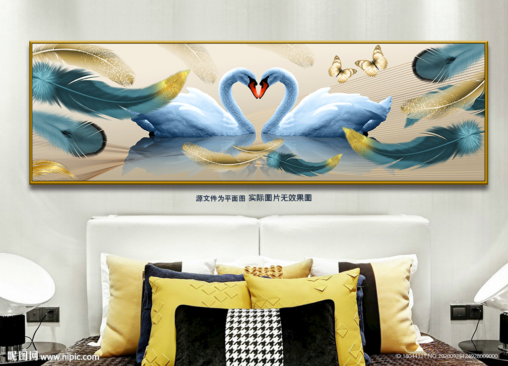 轻奢羽毛线条天鹅湖床头装饰画