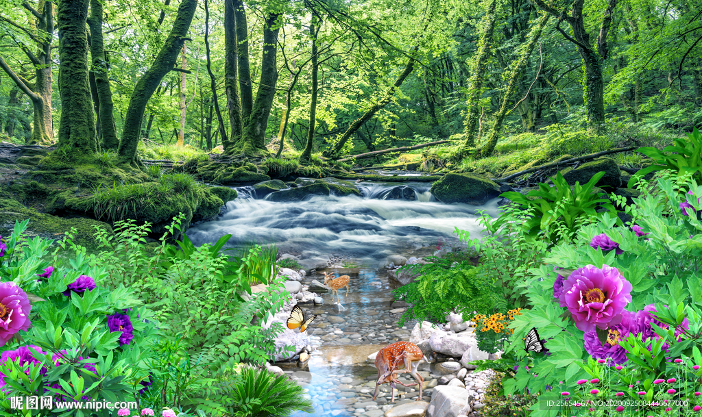 风景画流水生财背景墙