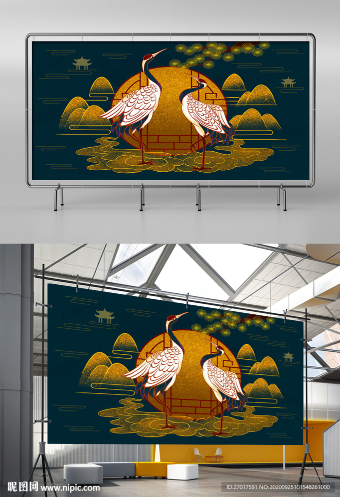 金箔高贵丹顶鹤艺术插画