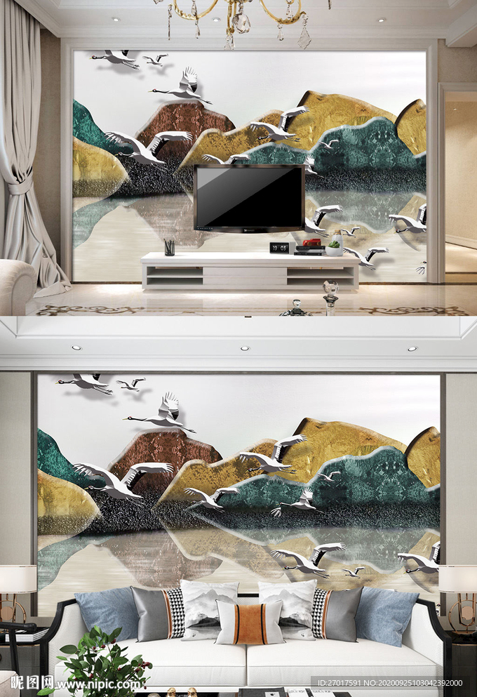 白鹤电视背景墙抽象山水装饰画