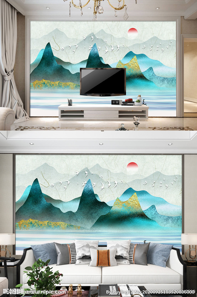 抽象山水电视背景墙绿色装饰画