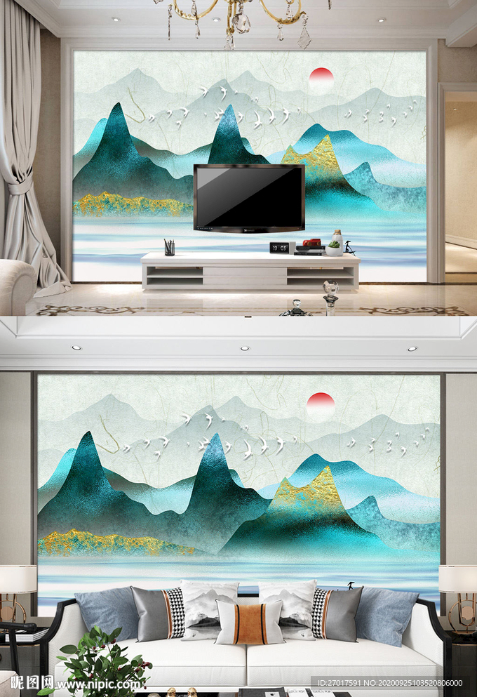 抽象山水电视背景墙绿色装饰画
