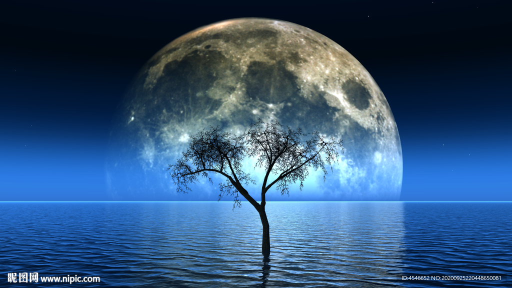 超级月亮海面水面蓝色背景
