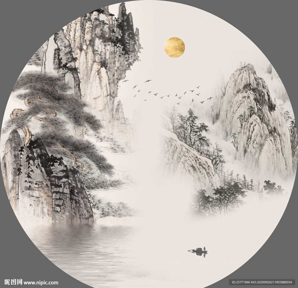 圆形山水画禅意山水画