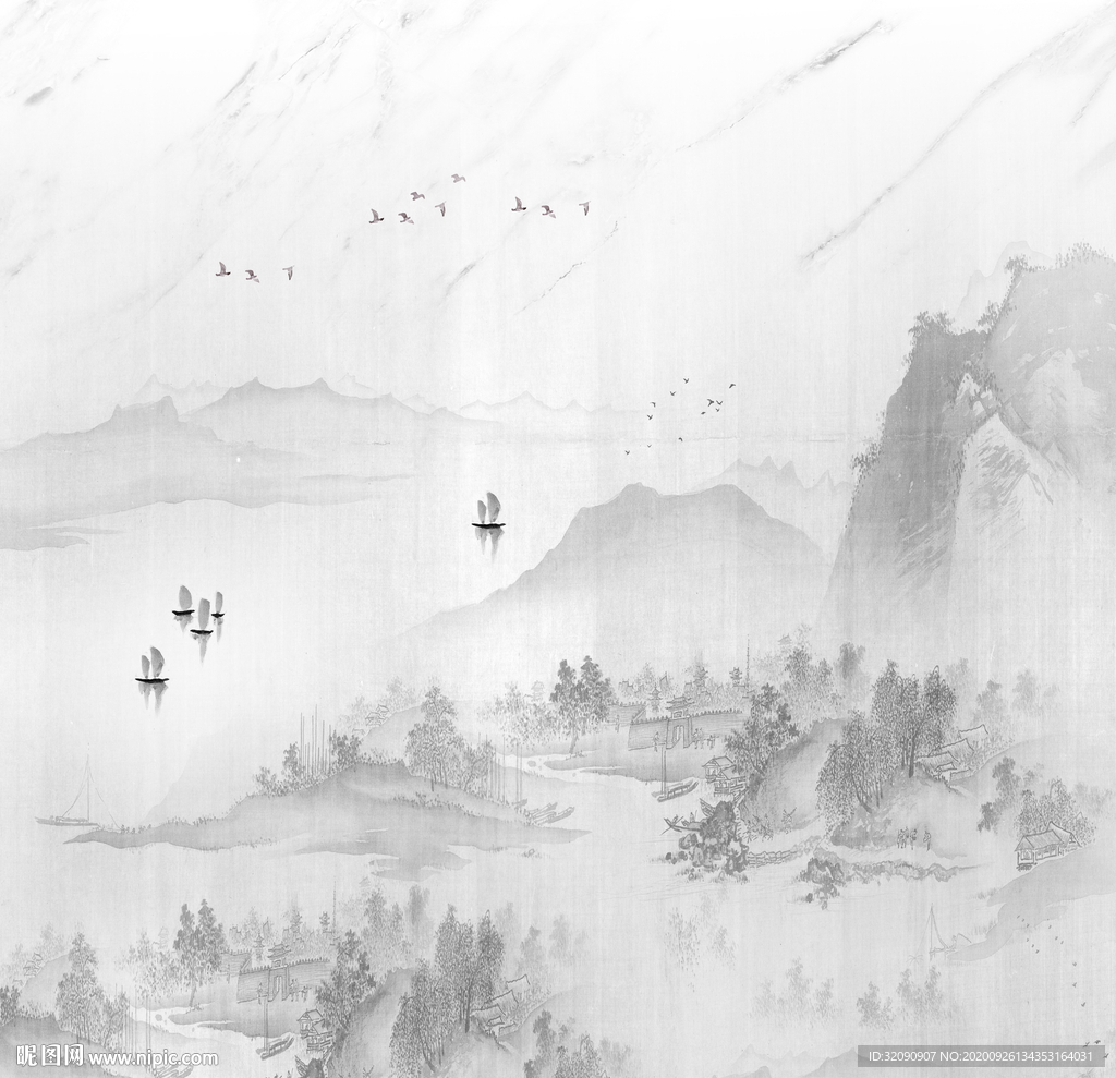 新中式大理石水墨山水背景