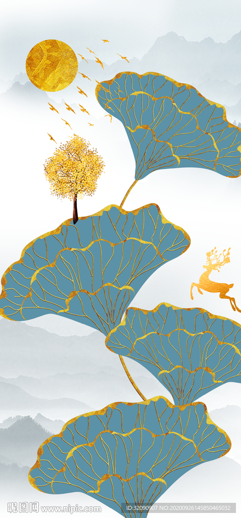 银杏叶山水新中式小鹿