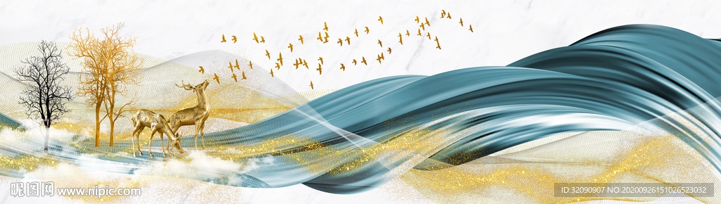 烟雾线条小鹿金沙飞鸟背景