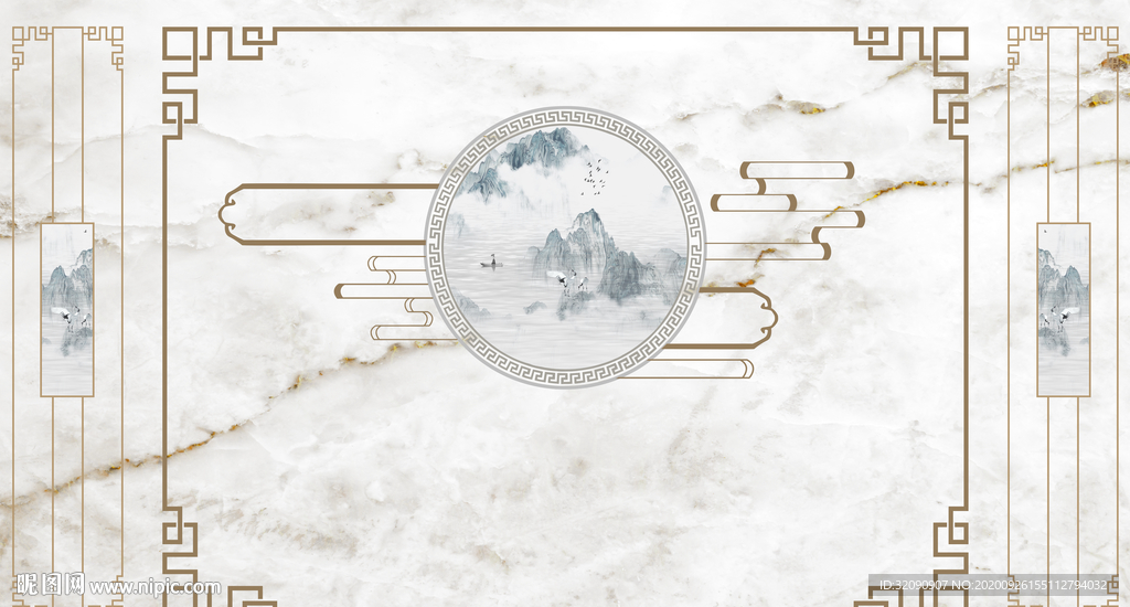 手绘大理石新中式山水背景