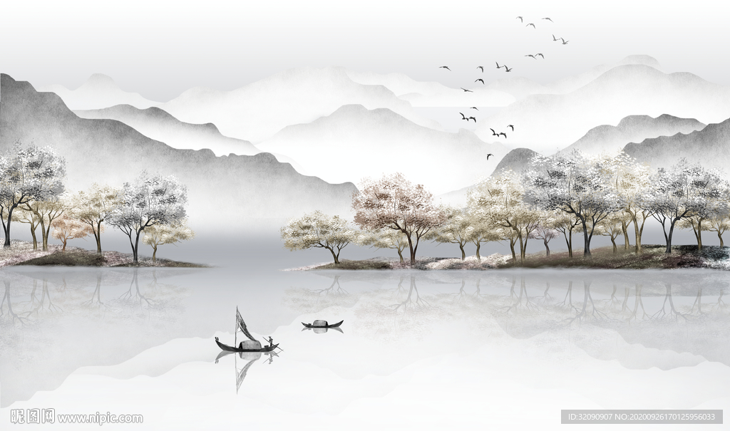 手绘黑白新中式山水背景抽象树林