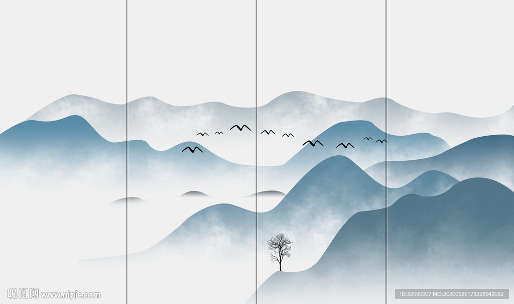 手绘蓝色山水新中式山水背景