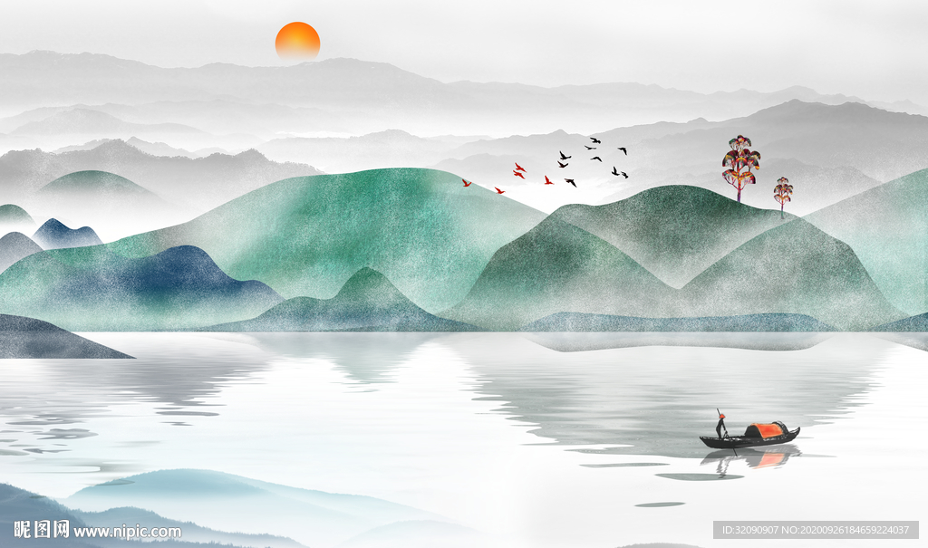新中式蓝色山水倒影飞鸟小船背景