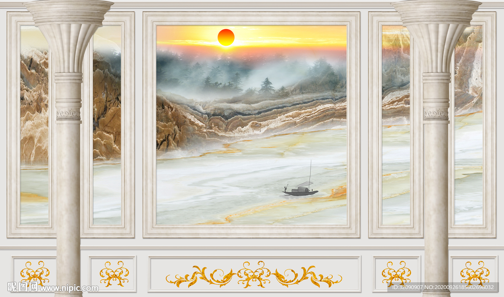 罗马柱护墙板花纹大理石山水