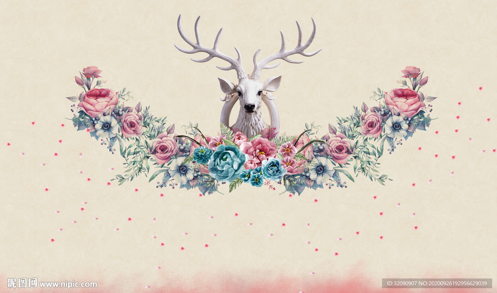 鹿头水彩花卉玫瑰花背景