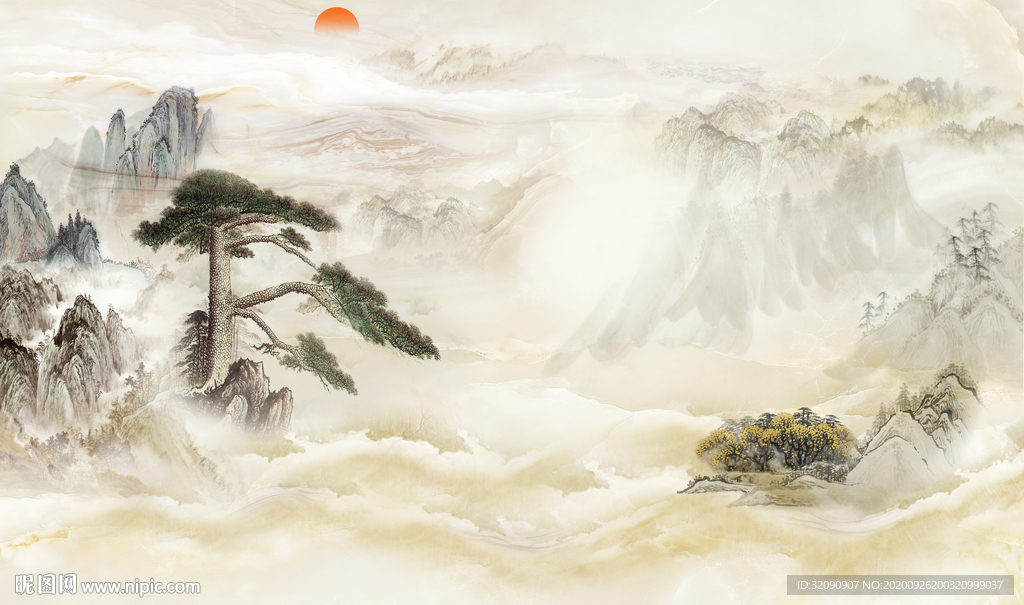 大理石迎客松山水背景