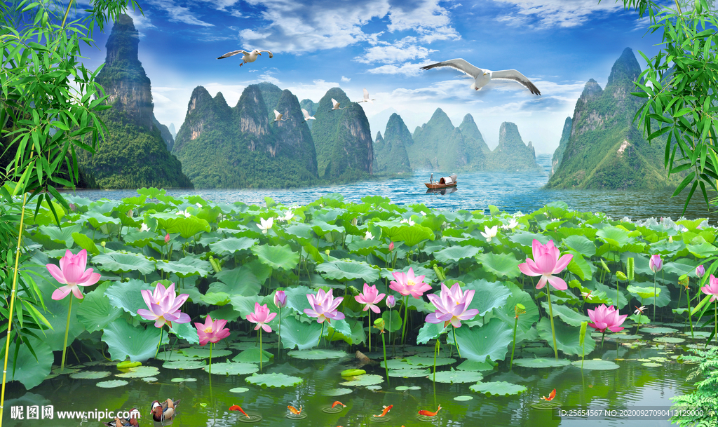 山水风景画山清水秀荷花背景墙