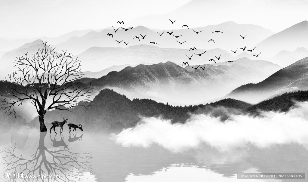 抽象黑白山水树林小鹿飞鸟背景