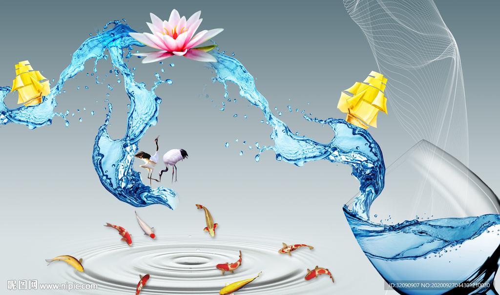 酒杯九鱼图荷花水波背景