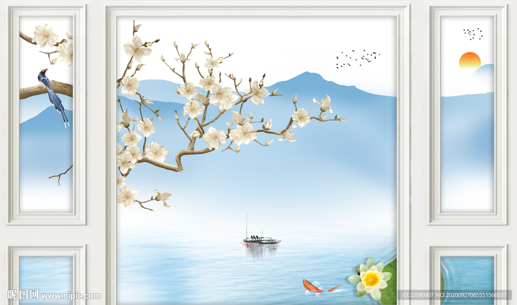 花鸟山水护墙板荷花背景