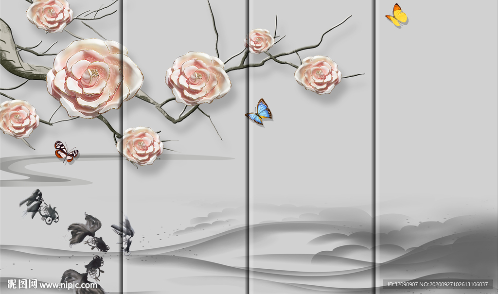 新中式玉兰山水鲤鱼背景