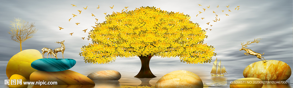 麋鹿石来运转卧室床头画装饰画