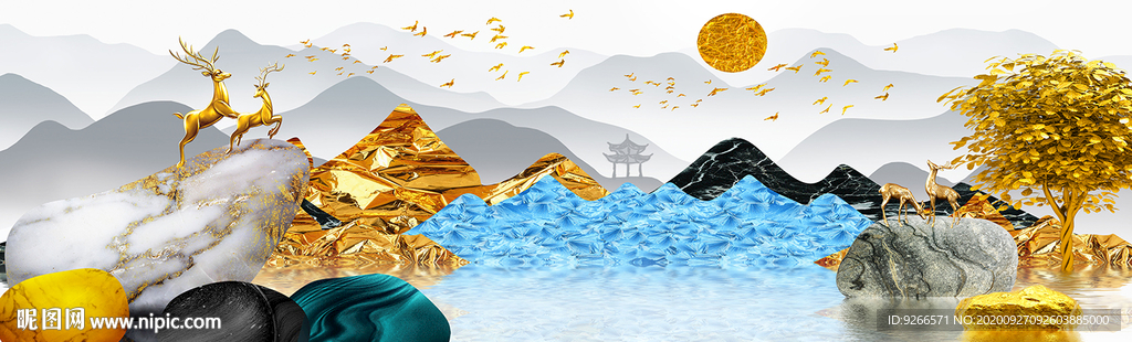 麋鹿石来运转卧室床头画装饰画