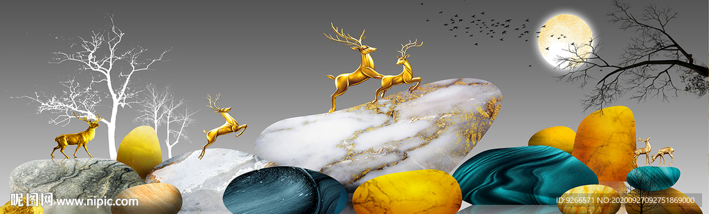 麋鹿石来运转卧室床头画装饰画