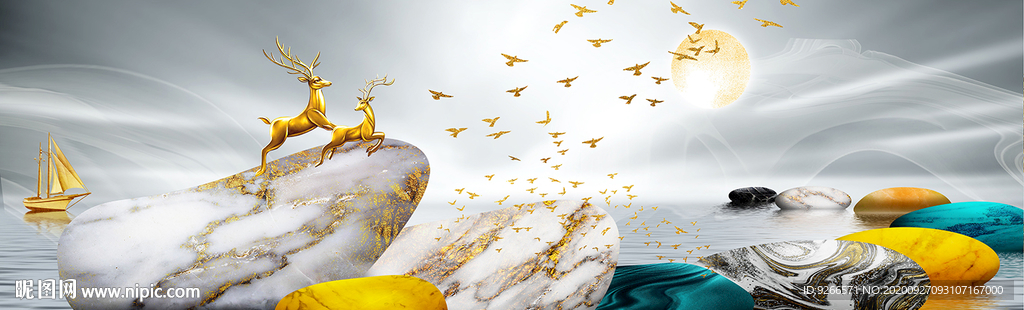 麋鹿石来运转卧室床头画装饰画