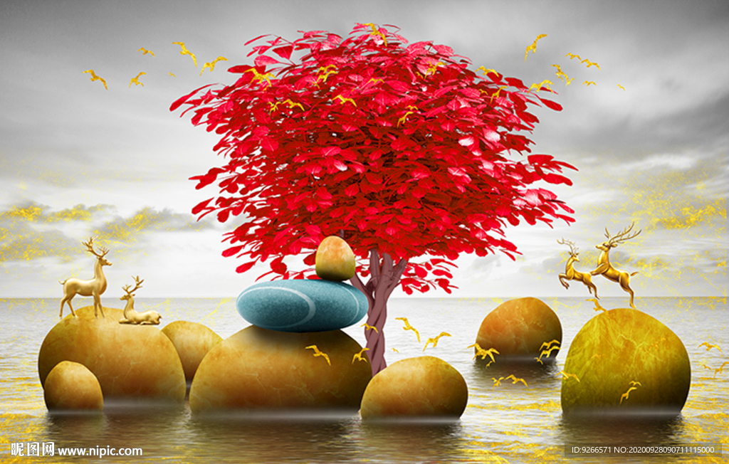 电表箱麋鹿石来运转床头画装饰画