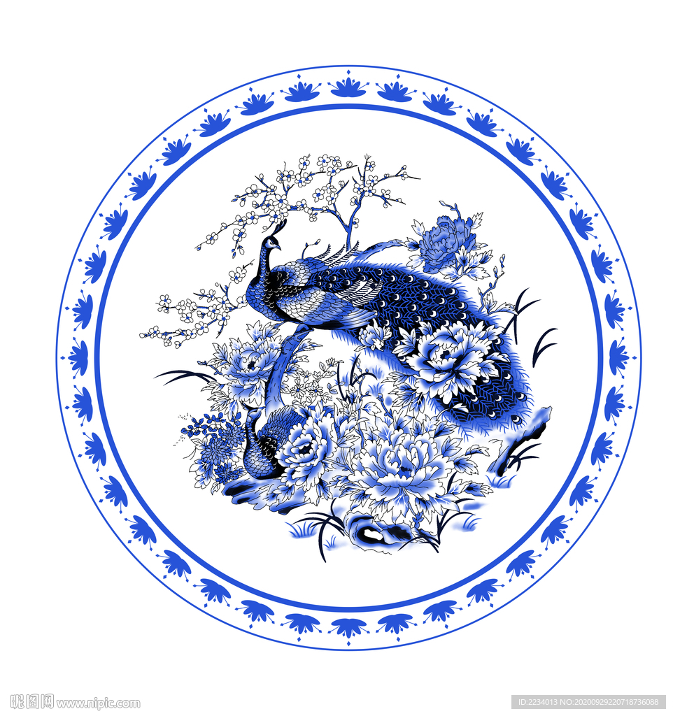 青花瓷盘 孔雀牡丹图