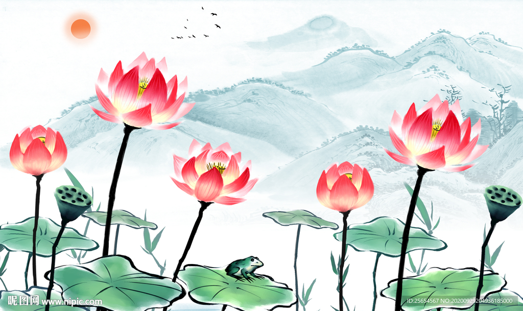 国画荷花电视背景墙装饰画