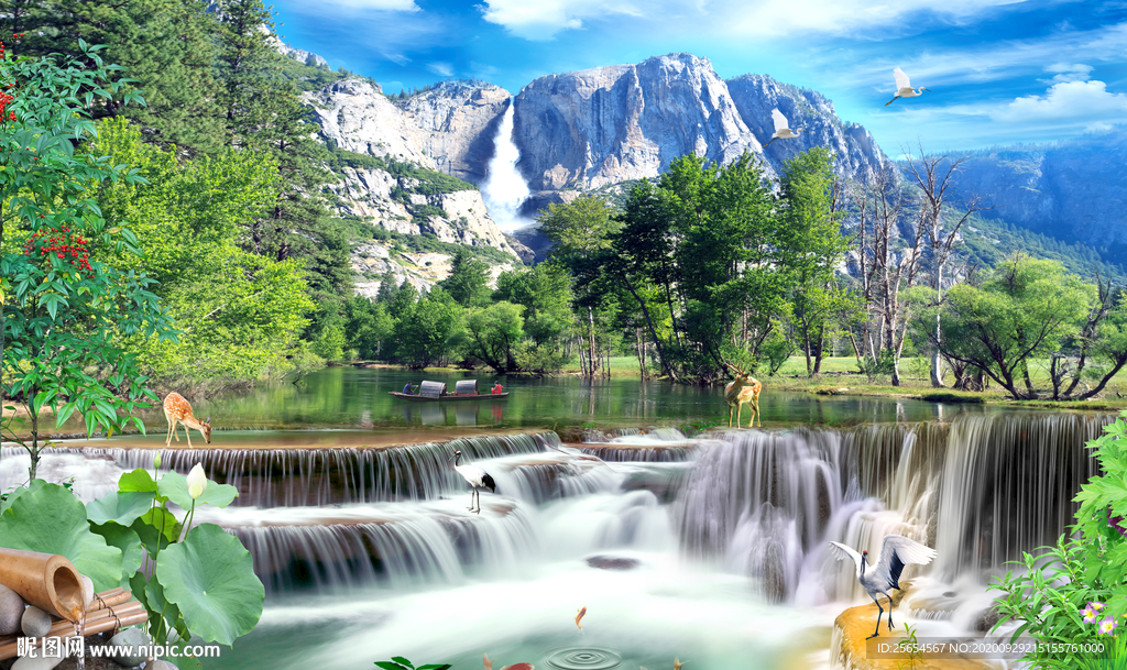 流水生财背景墙装饰画