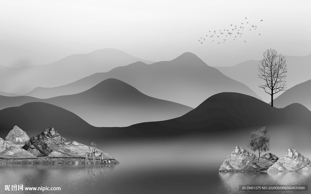 灰色 现代新山水画 tif分层