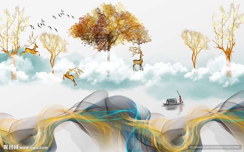 奢华山水背景墙画 tif分层