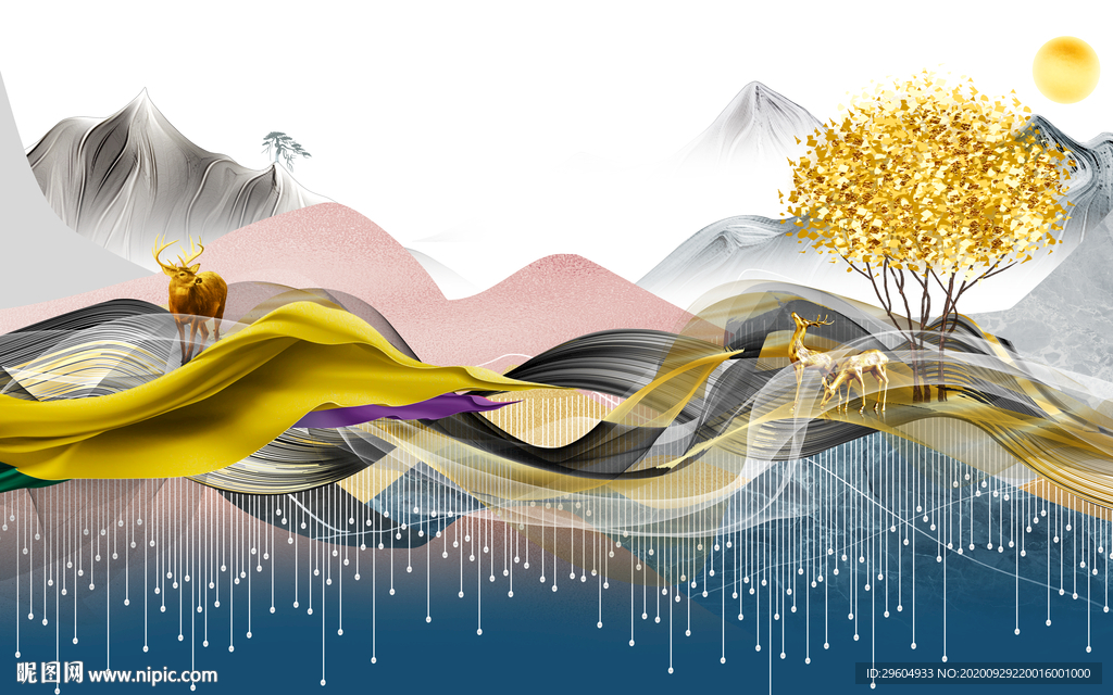 新款山水背景墙画 tif分层