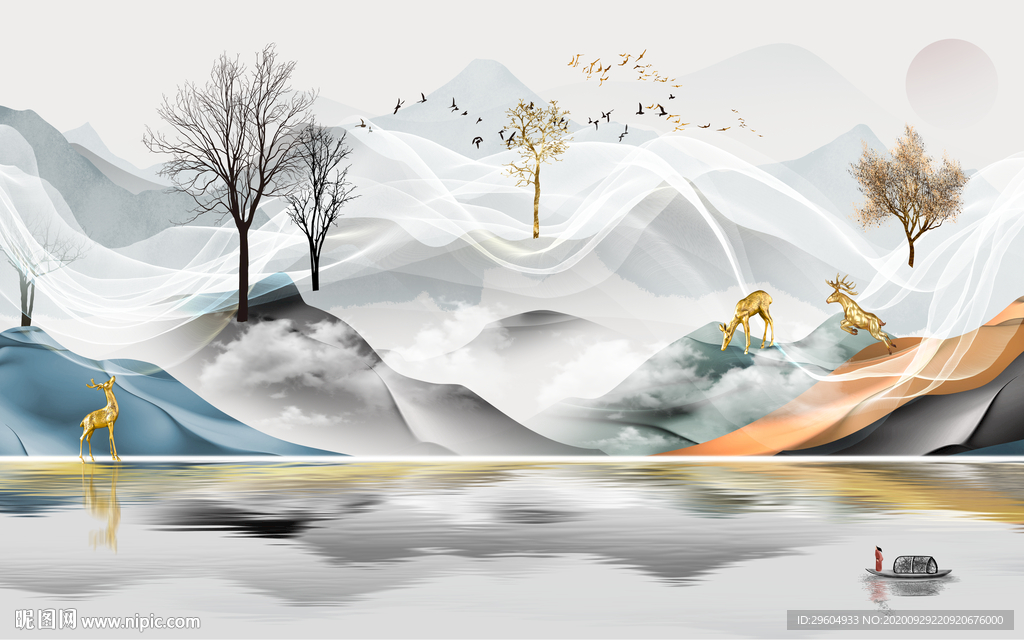 轻奢 山水背景墙画 tif分层