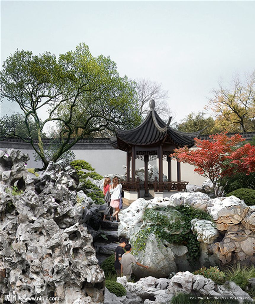古建别墅庭院景观效果图